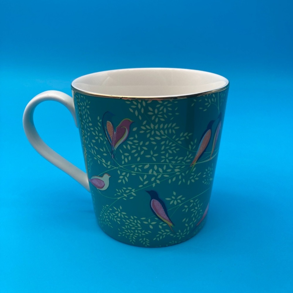 Sara Miller London Portmeirion Green Bird Floral Gold Trim Coffee Mug Tea Cup